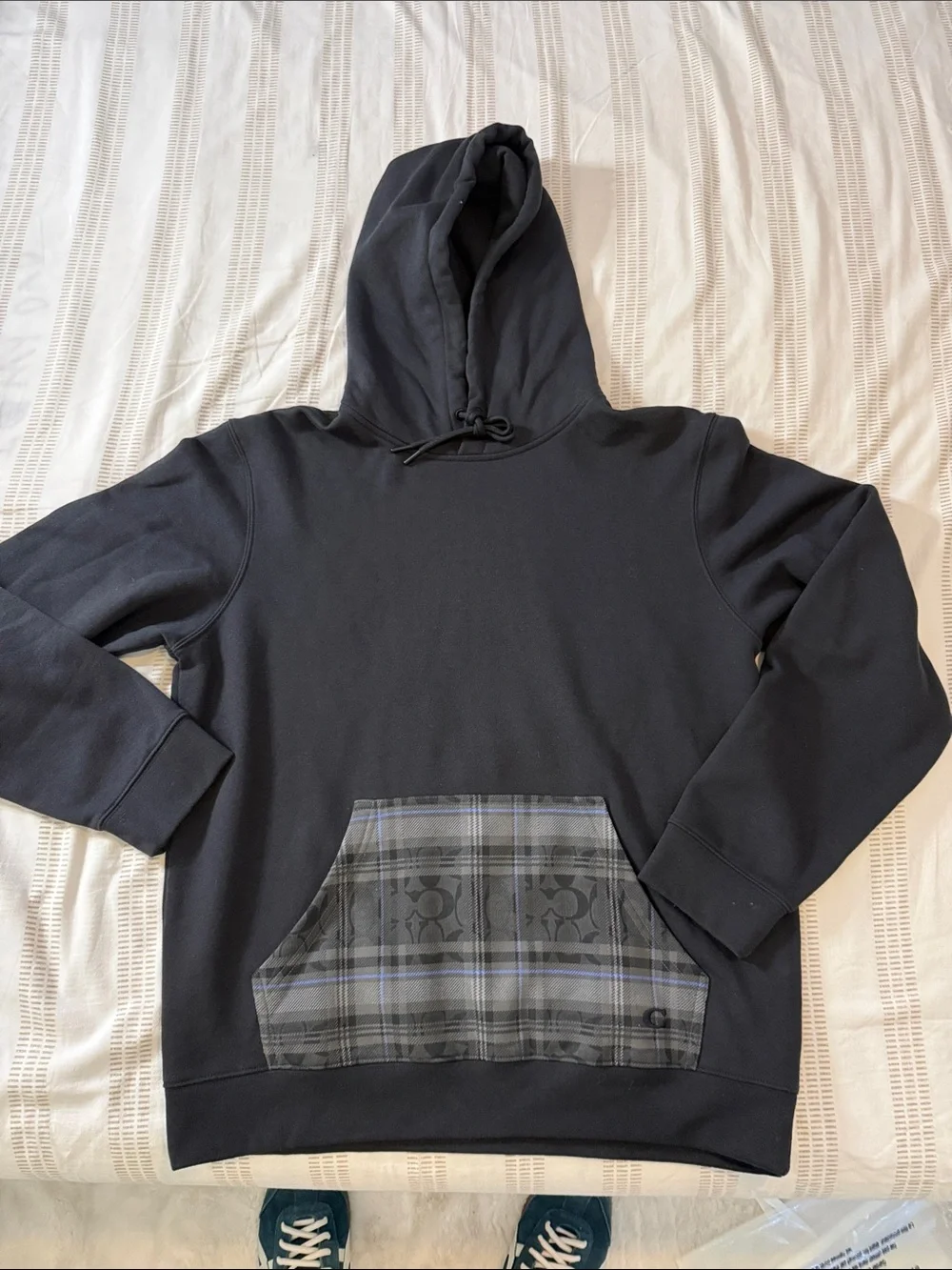 Coach Black Hoodie with Gray Plaid Pocket - Men's Pullover - Picture 1 of 5